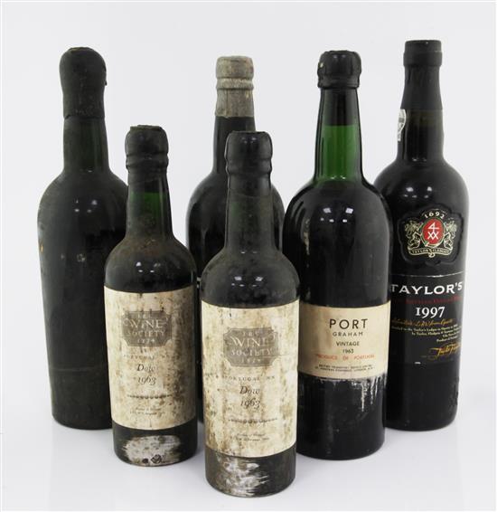 Two half bottles of Grahams 1963 Vintage Port, Dows 1963, Taylors 1997 late bottled vintage, Fonseca 1960 & Croft 1960.